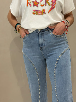 Jeans Tachas Crucetas Plata